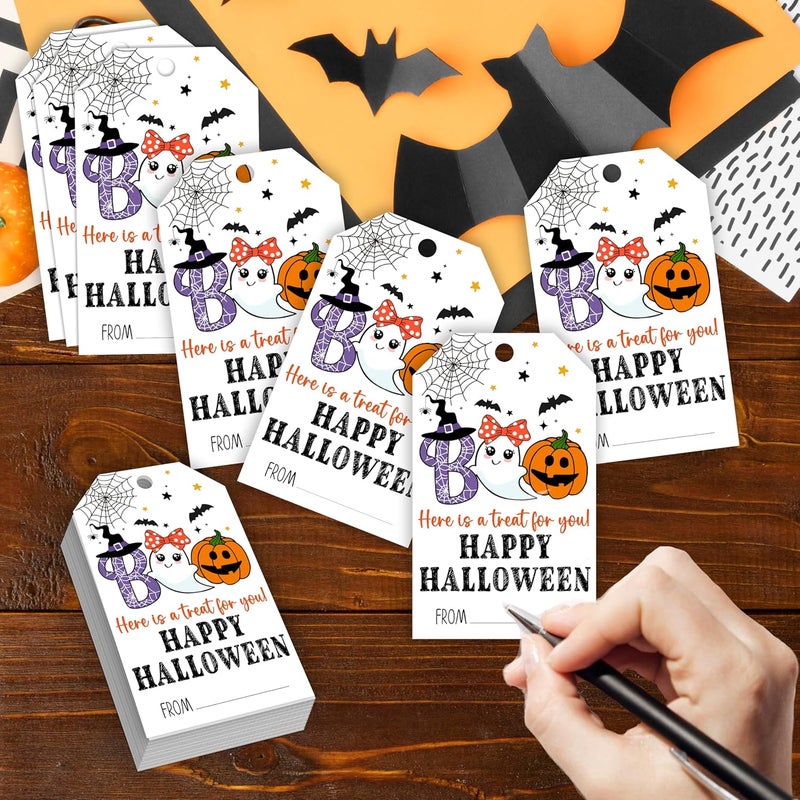 HandEasy 50 Pcs Halloween Tags with String, 2.1"×3.5" Boo Paper Gifts Tags, Ghost Trick or Treat for Candy, Pumpkin Happy Halloween Gifts Tag Wrap for Party Favor - B01 - Image 3